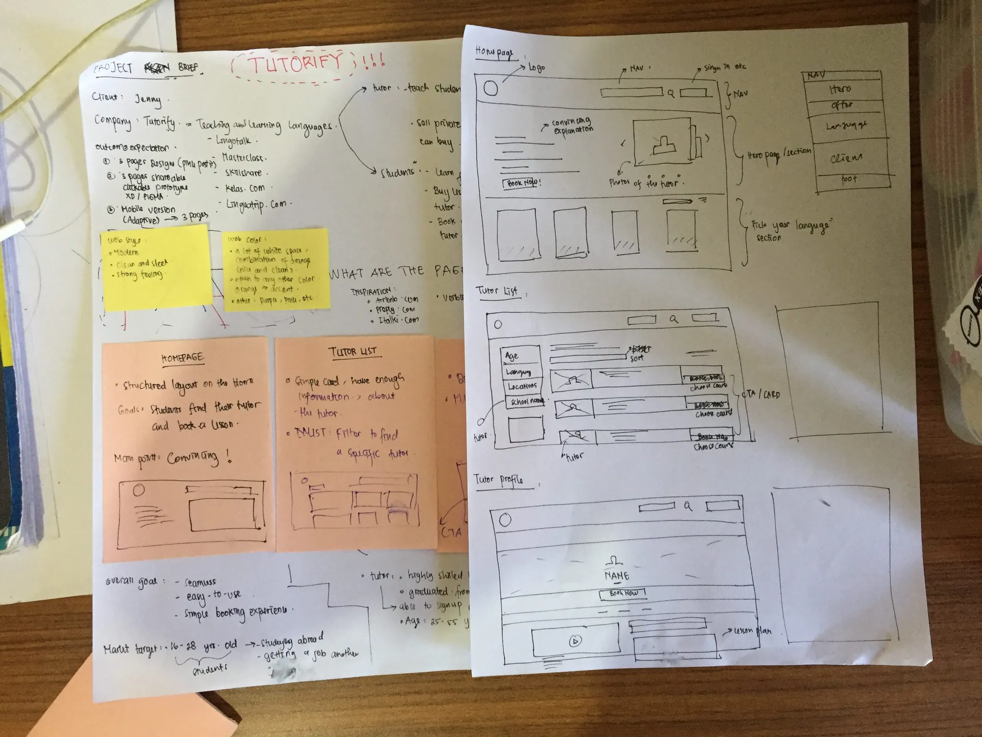 Early wireframe sketches for a language-learning app