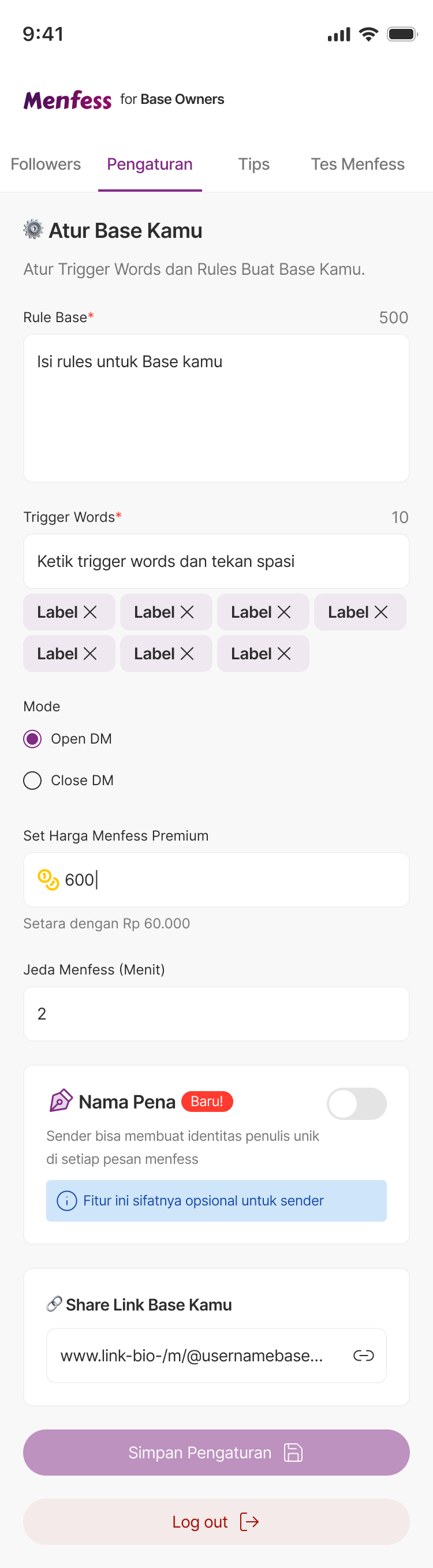 Base Owner settings with the Nama Pena toggle switched off